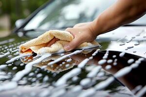 ai generado de cerca de un del hombre mano con un esponja con burbujas Lavado un coche por mano foto