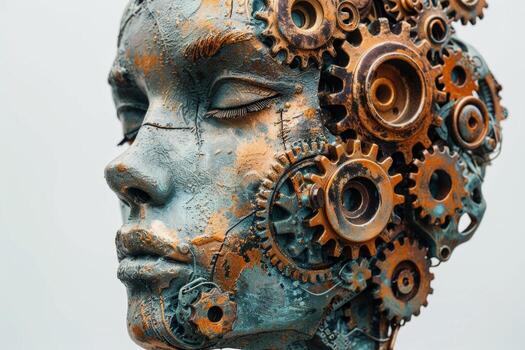 AI generated A human head with a toothed clockwork mechanism. The concept of thinking, decision-making. 3d illustration photo