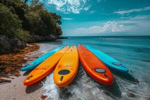 AI generated A set of SUP boards on the background of the sea. Active leisure photo