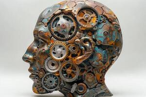 AI generated A human head with a toothed clockwork mechanism. The concept of thinking, decision-making. 3d illustration photo