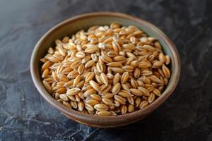 AI generated whole wheat in a plate. Wheat grains are ready to be ground photo