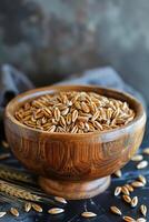 AI generated whole wheat in a plate. Wheat grains are ready to be ground photo