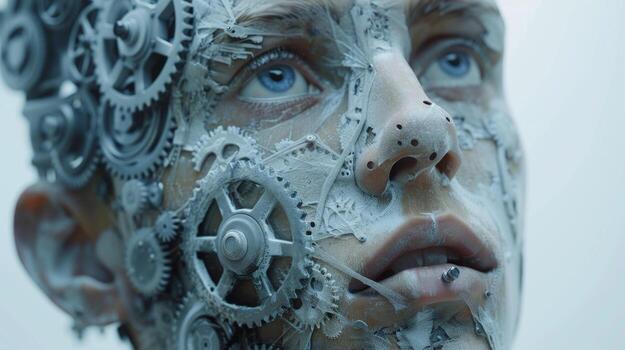 AI generated A human head with a toothed clockwork mechanism. The concept of thinking, decision-making. 3d illustration photo
