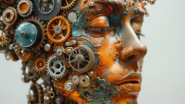 AI generated A human head with a toothed clockwork mechanism. The concept of thinking, decision-making. 3d illustration photo