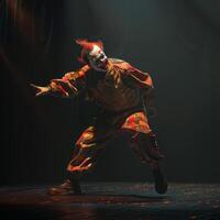 AI generated The clown performs on a dark stage. Dancing clown photo