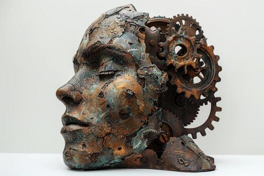 AI generated A human head with a toothed clockwork mechanism. The concept of thinking, decision-making. 3d illustration photo