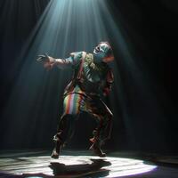 AI generated The clown performs on a dark stage. Dancing clown photo