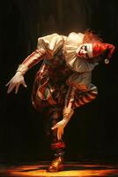 AI generated The clown performs on a dark stage. Dancing clown photo