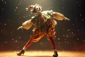 AI generated The clown performs on a dark stage. Dancing clown photo