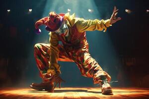 AI generated The clown performs on a dark stage. Dancing clown photo