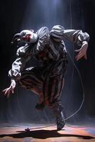 AI generated The clown performs on a dark stage. Dancing clown photo