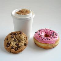 AI generated A cardboard coffee cup and two donuts are on the table photo