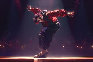 AI generated The clown performs on a dark stage. Dancing clown photo