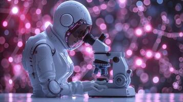 AI generated An artificial intelligence robot works with a microscope in a scientific laboratory photo