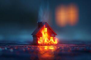 AI generated a toy wooden house on fire. The concept of security photo