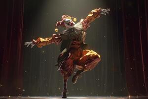 AI generated The clown performs on a dark stage. Dancing clown photo