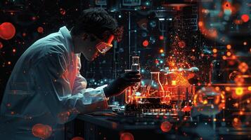 AI generated A male scientist conducts experiments at a table in a chemical laboratory. 3d illustration photo