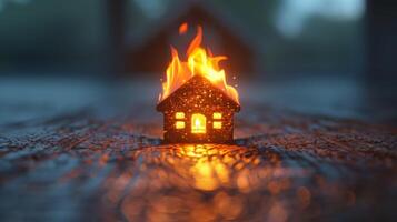 AI generated a toy wooden house on fire. The concept of security photo