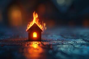 AI generated a toy wooden house on fire. The concept of security photo