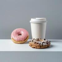 AI generated A cardboard coffee cup and two donuts are on the table photo