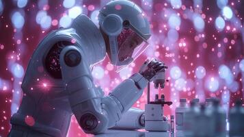 AI generated An artificial intelligence robot works with a microscope in a scientific laboratory photo