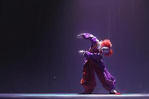 AI generated The clown performs on a dark stage. Dancing clown photo