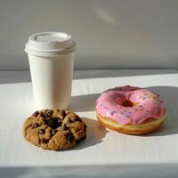 AI generated A cardboard coffee cup and two donuts are on the table photo
