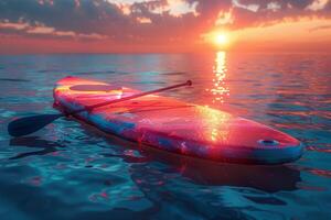 AI generated Multicolored SUP board on a blue sea background photo