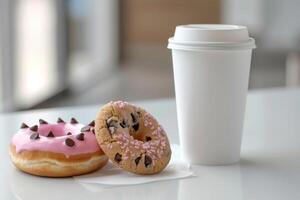 AI generated A cardboard coffee cup and two donuts are on the table photo