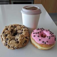 AI generated A cardboard coffee cup and two donuts are on the table photo