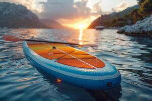 AI generated Multicolored SUP board on a blue sea background photo