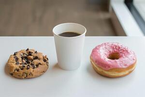 AI generated A cardboard coffee cup and two donuts are on the table photo