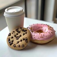 AI generated A cardboard coffee cup and two donuts are on the table photo