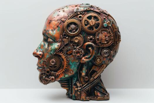 AI generated A human head with a toothed clockwork mechanism. The concept of thinking, decision-making photo