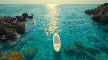 AI generated Multicolored SUP board on a blue sea background photo