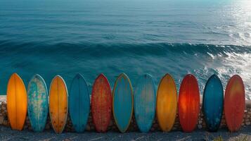 AI generated A set of SUP boards on the background of the sea. Active leisure photo