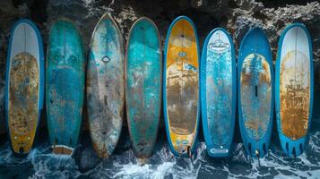 AI generated A set of SUP boards on the background of the sea. Active leisure photo