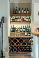 AI generated A wooden cabinet with shelves for storing wine bottles stands in the home kitchen photo