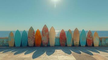 AI generated A set of SUP boards on the background of the sea. Active leisure photo