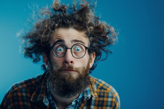 AI generated The man makes a funny face. Funny funny portrait of a man on a blue background photo