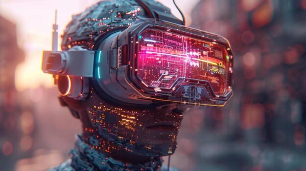 AI generated Close-up of a man's face in futuristic virtual glasses photo