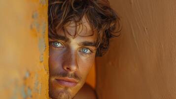 AI generated Close-up of a man peeking around the corner photo