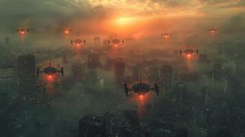 AI generated A squadron of unmanned aerial vehicles patrols over the evening city photo