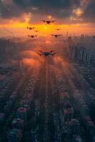 AI generated A squadron of unmanned aerial vehicles patrols over the evening city photo