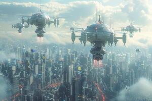 AI generated A squadron of unmanned aerial vehicles patrols over the evening city photo
