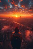 AI generated A squadron of unmanned aerial vehicles patrols over the evening city photo