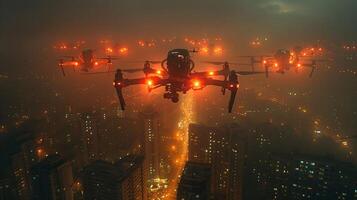 AI generated A squadron of unmanned aerial vehicles patrols over the evening city photo