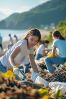 ai generado un grupo de eco-voluntarios recoge el plastico basura en el playa. activistas recoger basura a proteger el planeta foto