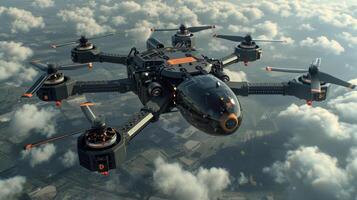 AI generated Military unmanned aerial vehicle UAV patrolling the area above the city photo