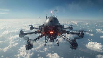 AI generated Military unmanned aerial vehicle UAV patrolling the area above the city photo